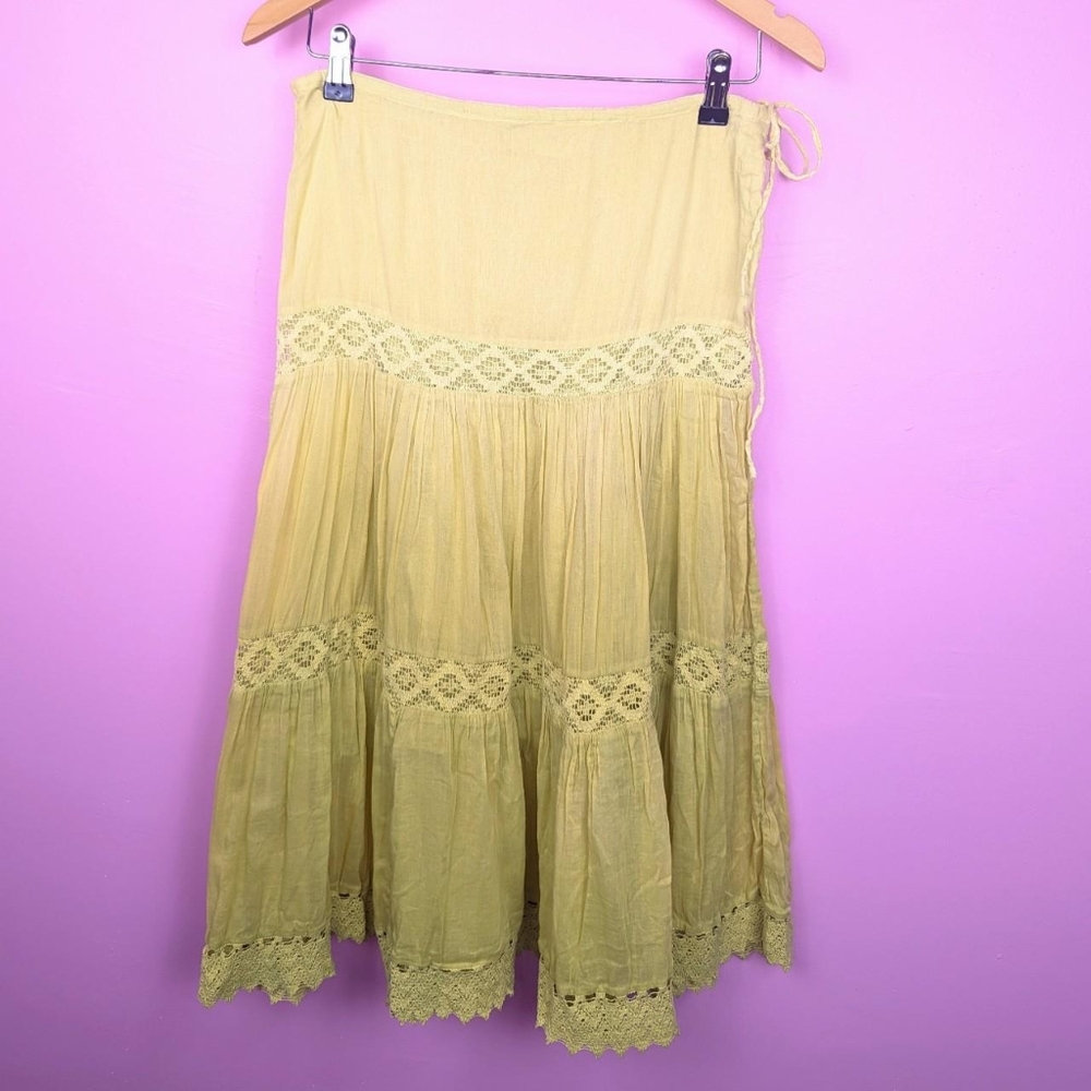Funky People Yellow Gradient Crochet Lace Tiered Peasant Skirt with Drawstring